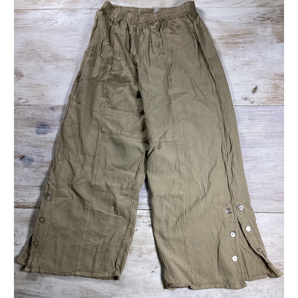 CottonWays Tan Gauze Wide Leg Pants Women Size 1 Elastic Waist Button Hem Khaki